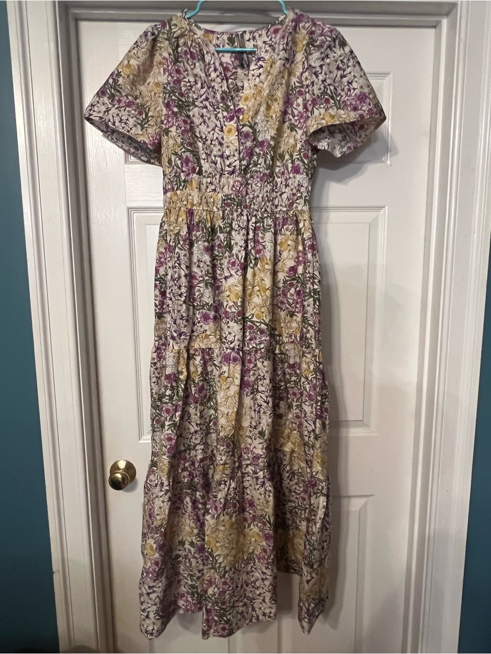 Anthropologie Floral Tiered Somerset Maxi Dress in Purple and Yellow Floral